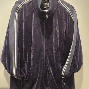 Guess Mens Navy Knit Velour Zip Up Sweater with Branded Collar Label